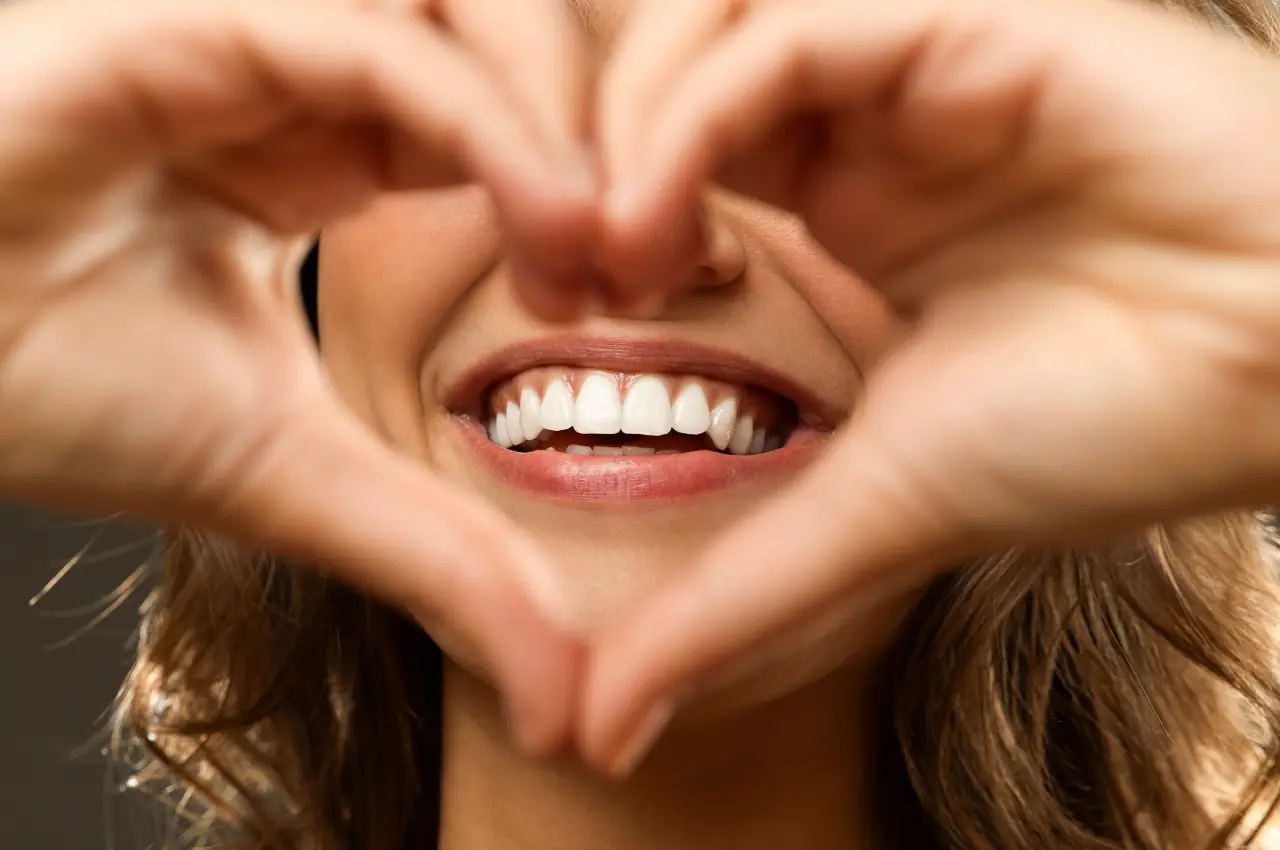 Smiling woman after non-surgical Gummy Smile treatment with icons of treatment tools.